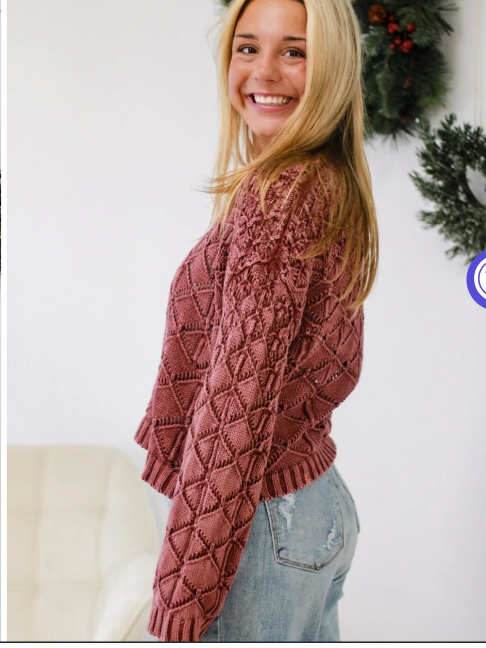 Boutique Adora sweater cropped diamond open knit sweater Call Me Sugar Plum